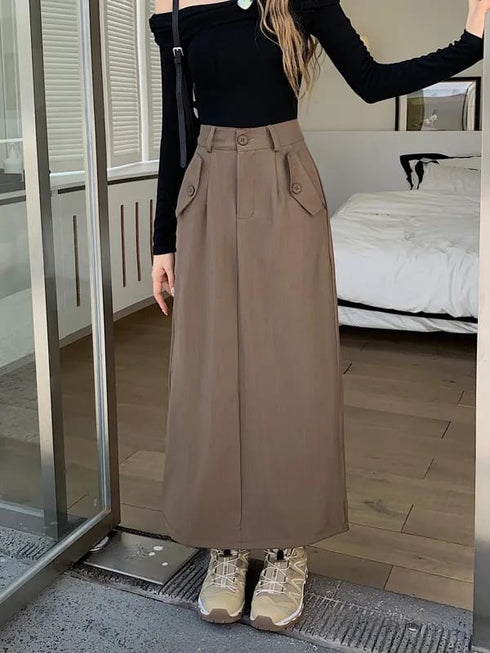 Casual Full Length Side Pocket Loose Skirts With Belt